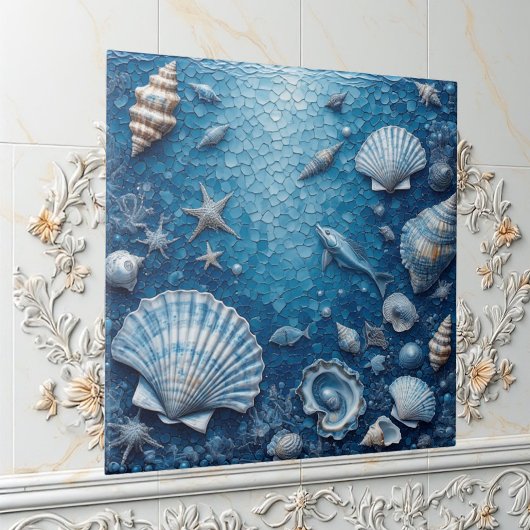 Marine Life Underwater Seashells Fish Backsplash  タイル
