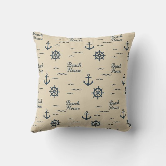 Maritime beige & Navy Blue Script beach house クッション (裏面)