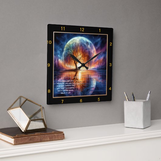 Mark 11:24 Prayerful Time:パーソナライズされた聖なる書物、 経典 スクエア壁時計 (オフィス)