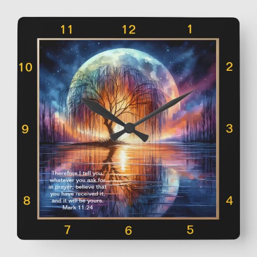 Mark 11:24 Prayerful Time:パーソナライズされた聖なる書物、 経典 スクエア壁時計 (正面)