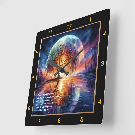 Mark 11:24 Prayerful Time:パーソナライズされた聖なる書物、 経典 スクエア壁時計 (傾斜)