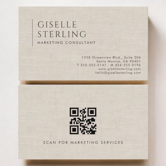 Marketing Consultant Luxury Neutral Linen QR Code 名刺