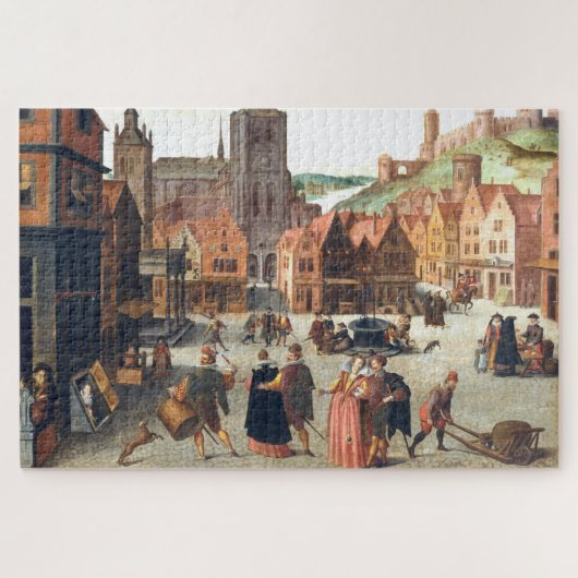 Marketplace in Bergen, Flemish Art Jigsawパズル ジグソーパズル (横)