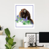Marmot Groundhog Animal Watercolor Wildlife Art ポスター (ホームオフィス)
