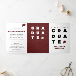 Maroonはっきりした GRADUATE Letters and Cap Graduation 三つ折り案内状