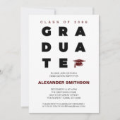 Maroonはっきりした GRADUATE Letters and Cap Graduation 招待状 (正面)