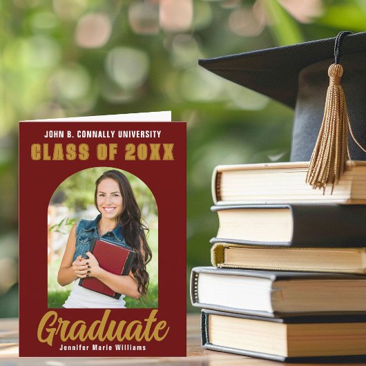 Maroon金ゴールド大学院写真アーチ折り畳み卒業 案内状