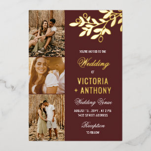 Maroon金ゴールド・ベリー・トゥイグ3結婚写真ズ 箔招待状