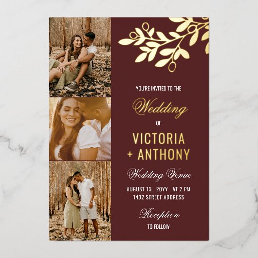 Maroon金ゴールド・ベリー・トゥイグ3結婚写真ズ 箔招待状 (正面)