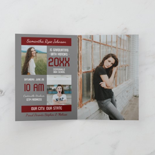 Maroon モダン Block 5写真卒業 招待状 (内部)