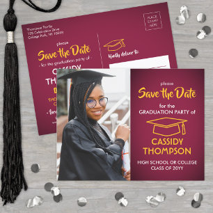 Maroon and金ゴールド卒業写真Save the Date ポストカード