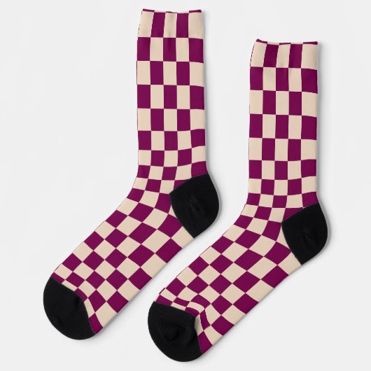 Maroon and beige checkerboard pattern ソックス (左)