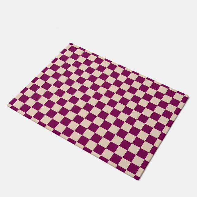 Maroon and beige checkerboard pattern ドアマット (アングル)