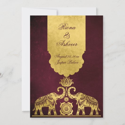Maroon and gold elephants luxury Indian wedding  招待状 (正面)