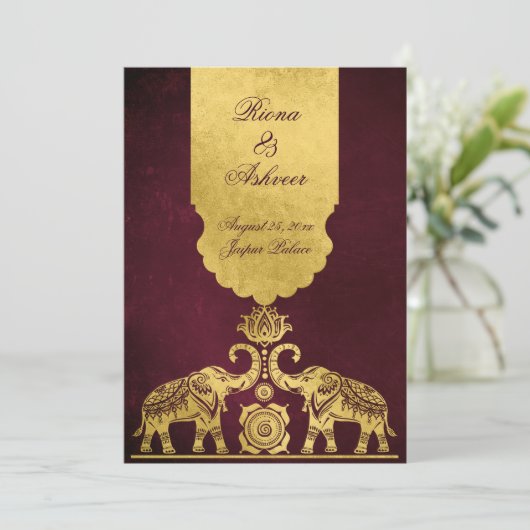 Maroon and gold elephants luxury Indian wedding  招待状 (スタンド正面)