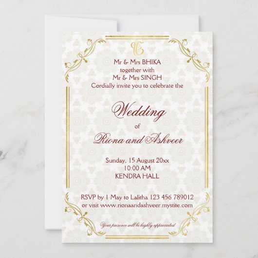 Maroon and gold elephants luxury Indian wedding  招待状 (裏面)