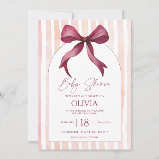 Maroon and Pink Bow Watercolor Baby Shower Invite ノートカード (正面)
