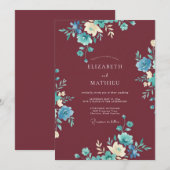 Maroon Artistic Floral Wedding 招待状 (正面/裏面)