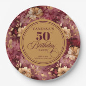 Maroon blush gold roses 50th birthday paper plates ペーパープレート (正面)