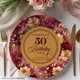 Maroon blush gold roses 50th birthday paper plates ペーパープレート