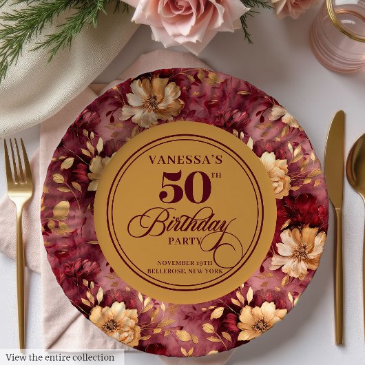 Maroon blush gold roses 50th birthday paper plates ペーパープレート