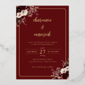 Maroon Burgundyフローラ写真結婚の金ゴールド 箔招待状 (裏面)