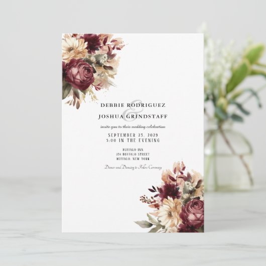 Maroon Burgundy Floral Wedding Invitation  招待状 (スタンド正面)