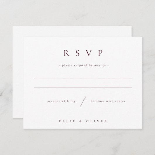 Maroon Burgundy Modern Minimal Wedding 出欠カード (正面/裏面)