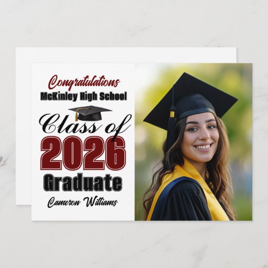 Maroon Class of 2026 Graduate Photo Graduation 案内状 (正面/裏面)