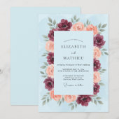 Maroon Coral Floral Flourish Wedding 招待状 (正面/裏面)