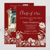 Maroon & Daisy Photo Greenery Graduation 招待状 (正面/裏面)