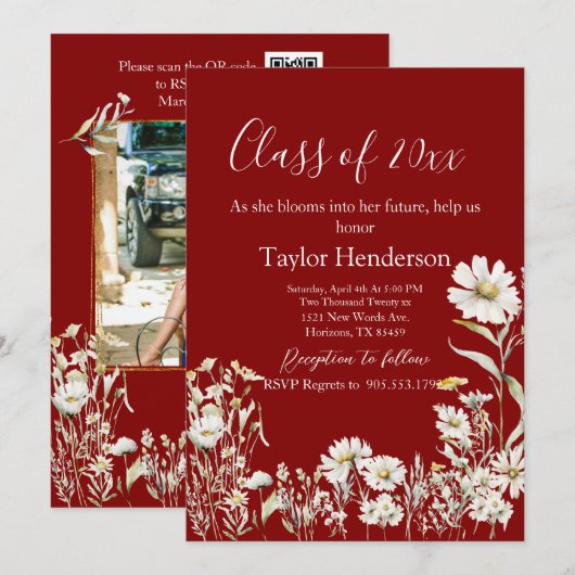 Maroon & Daisy Photo Greenery Graduation 招待状 (正面/裏面)