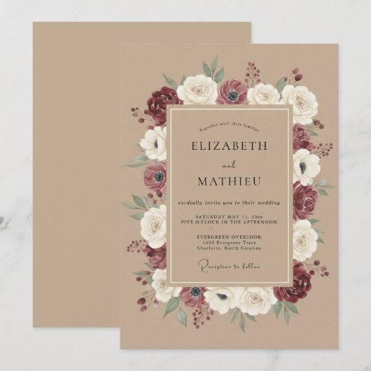 Maroon Distinguished Rustic Wedding 招待状 (正面/裏面)