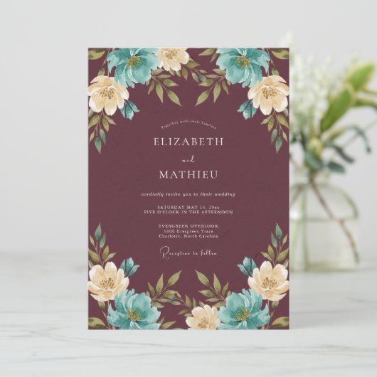 Maroon Dramatic Botanical Wedding 招待状 (スタンド正面)