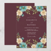 Maroon Dramatic Botanical Wedding 招待状 (正面/裏面)