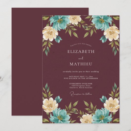 Maroon Dramatic Botanical Wedding 招待状 (正面/裏面)