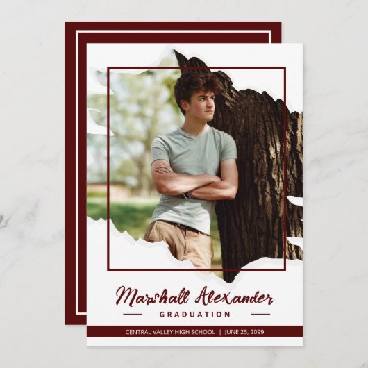 Maroon Edgy抽象芸術引き裂き写真卒業 招待状 (正面/裏面)