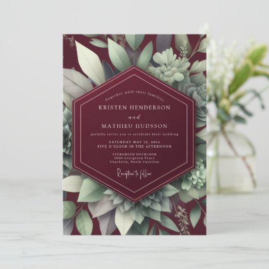 Maroon Elegant Succulent Wedding 招待状 (スタンド正面)