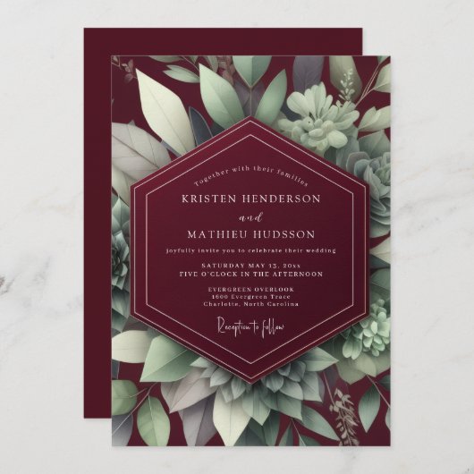Maroon Elegant Succulent Wedding 招待状 (正面/裏面)
