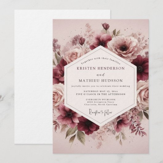 Maroon Ethereal Bloom Wedding 招待状 (正面/裏面)