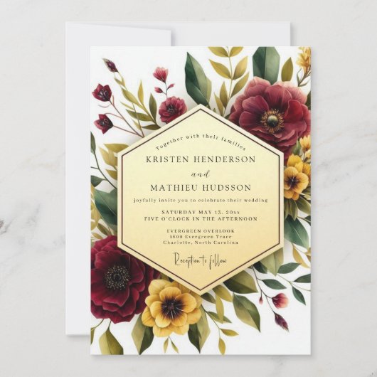 Maroon Floral Autumn Romance Wedding 招待状 (正面)