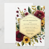 Maroon Floral Autumn Romance Wedding 招待状 (正面/裏面)