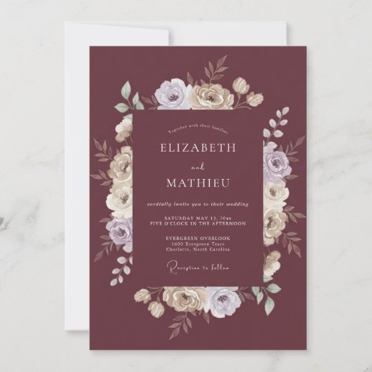 Maroon Floral Brushstroke Wedding 招待状 (正面)