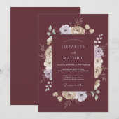 Maroon Floral Brushstroke Wedding 招待状 (正面/裏面)