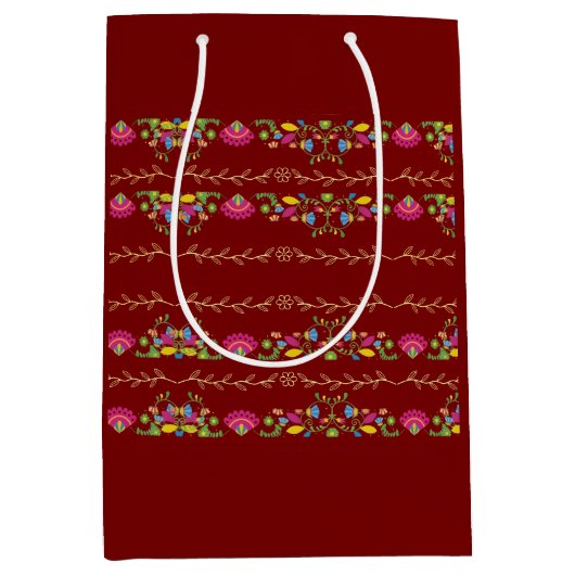 Maroon floral design ミディアムペーパーバッグ (正面)