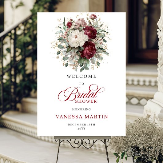 Maroon Floral Eucalyptus Gold Bridal Welcome Sign ポスター