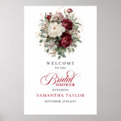 Maroon Floral Eucalyptus Gold Bridal Welcome Sign ポスター (正面)
