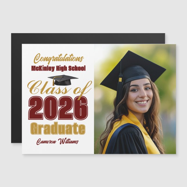 Maroon Gold Class of 2026 Graduation Photo Magnet (正面/裏面)