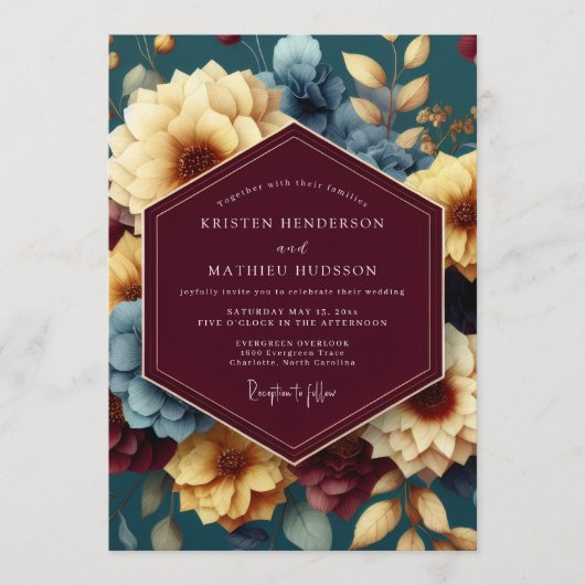 Maroon & Gold Opulent Floral Wedding 招待状 (正面)