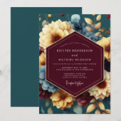 Maroon & Gold Opulent Floral Wedding 招待状 (正面/裏面)